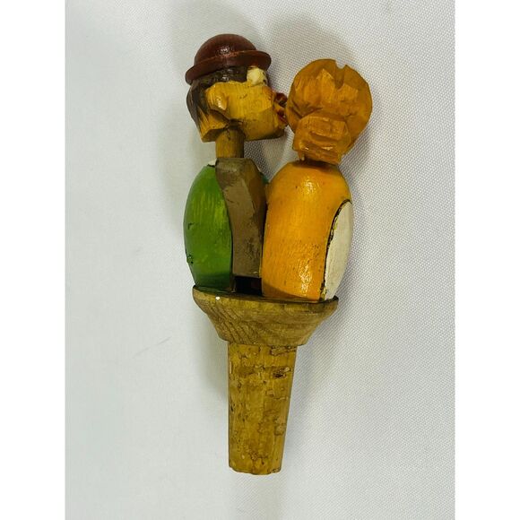 Vintage Hand Carved Kissing Couple Cork Bottle Stopper - Picture 5 of 6